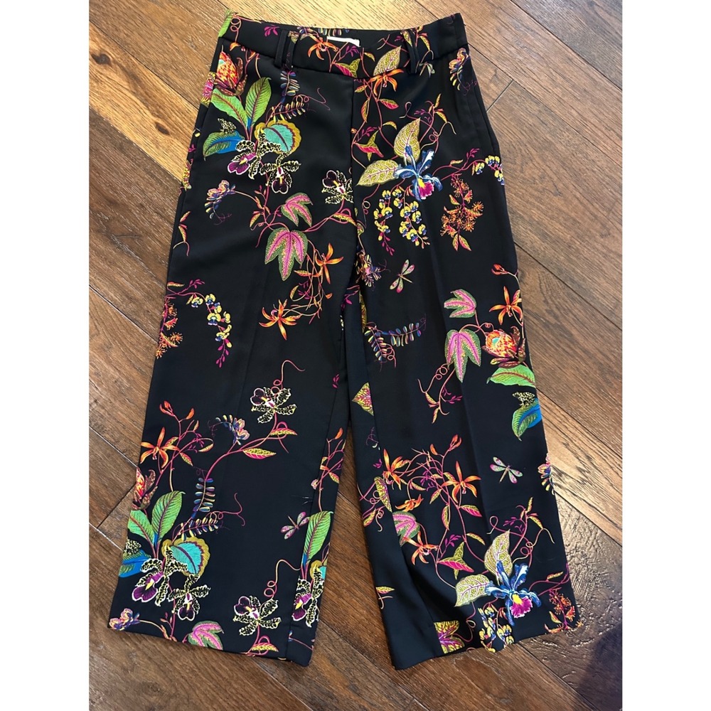 HM Tropical Floral Wide Leg Crop Pants Black Multi Orchid Dragonfly Size 10